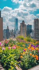 Colorful Rooftop Garden with Vibrant Flowers and Greenery
