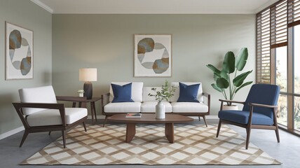 Contemporary Modern living room interior design with a white sofa, blue armchairs, a coffee table, a rug, and plants.