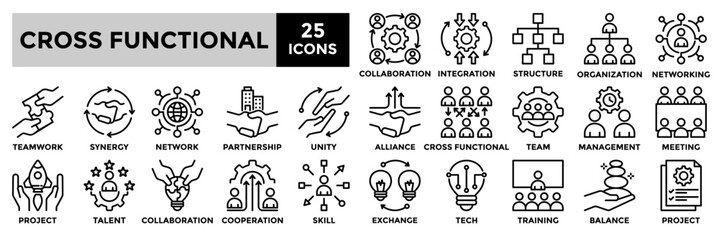 Cross functional icon collection set. Containing teamwork,collaboration,skill,project,management icon. Simple black fill vector illustration.