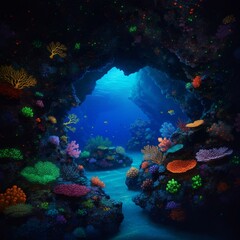 Fototapeta premium Mystical underwater cave with glowing sea creatures