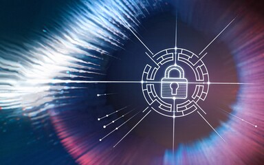Abstract digital eye with a padlock, symbolizing online security and privacy.