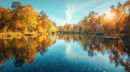 Fototapeta premium Autumn Reflections in a Tranquil Forest Lake