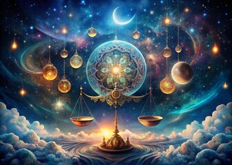 Mystical Scales Under Celestial Symbols - Cosmic Harmony and Balance in Landscape Photography