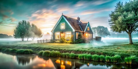 Obraz premium Mysterious House in Foggy Landscape with Glowing Windows - Eerie Twilight Atmosphere