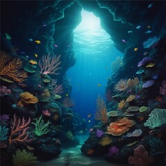 Obraz premium Mystical underwater cave with glowing sea creatures
