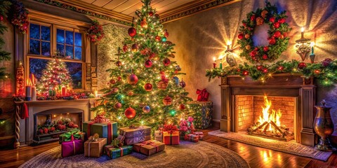 Fototapeta premium Nostalgic 90s Christmas Tree Decorated with Colorful Lights and Vintage Ornaments