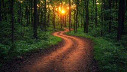 Obraz premium Winding Dirt Path Through Sunlit Forest
