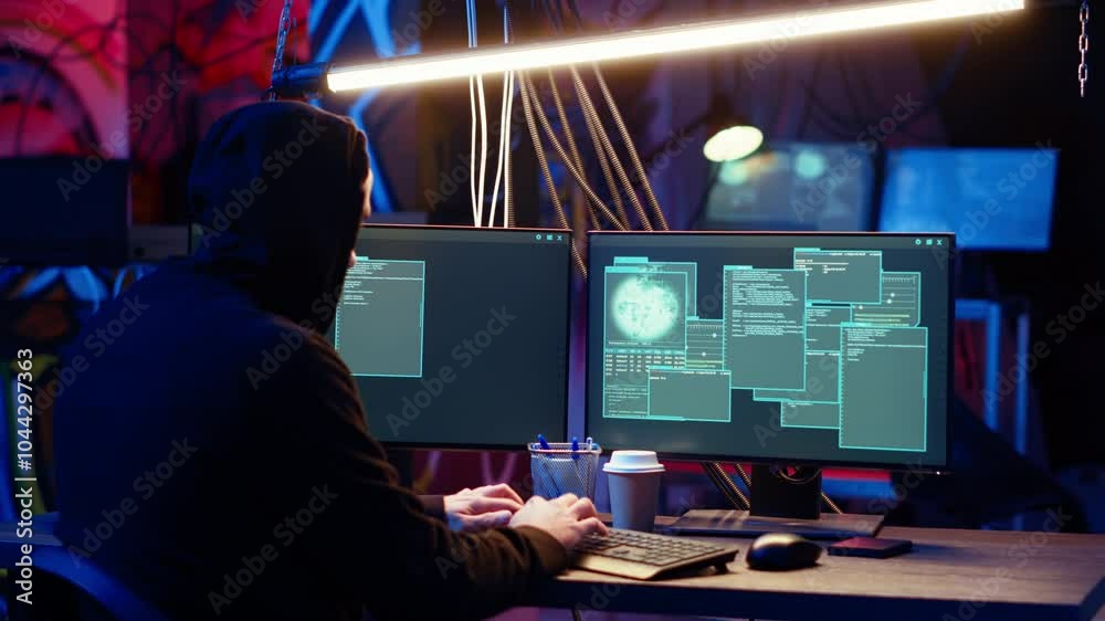 Poster hacker happy after successfully doing computer sabotage using encryption trojan ransomware in hidden