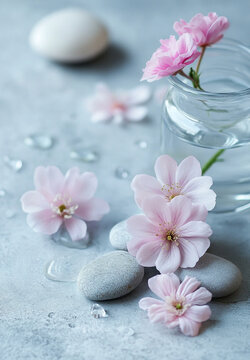 A serene minimalist spa composition showcasing delicate cherry blossoms and tranquil stones for relaxation