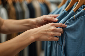 close-up of hands browsing through clothing on a rack in a store