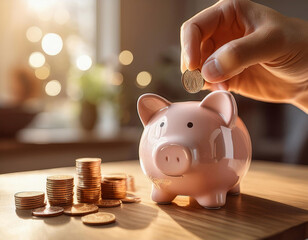 Hand putting coin into piggy bank on wooden table in the room with warm soft natural light and bokeh