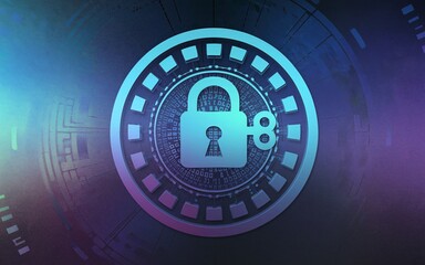 A silver padlock with a key in a futuristic, technological background.