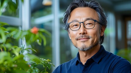 Fototapeta premium Cheerful middle aged man standing in a bright sunlit room basking in the warm indoor daylight with a serene contented expression on his face