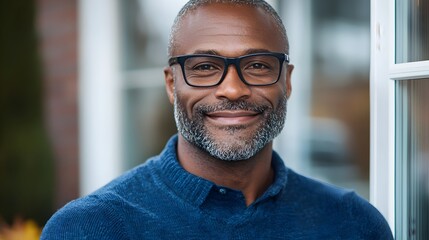 Fototapeta premium A cheerful bespectacled man standing by a window basking in the warm bright sunlight streaming in and emanating a sense of tranquility and comfort