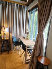 Modern Living Room Interior Design with Wooden Table  Chairs  and Beige Curtains