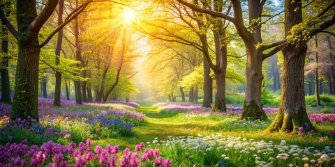 Obraz premium Spring Wood Serenity: Vibrant Landscape with Blooming Flora and Lush Greenery for Nature Lovers and Outdoor Enthusiasts
