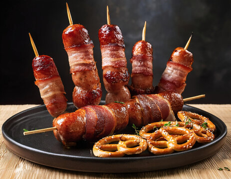 Bacon sausages in skewers with pretzels on a black plate on a dark background