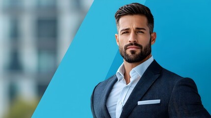 Fototapeta premium Fashionable man wearing a tailored suit stands confidently against a teal backdrop showcasing his timeless and sophisticated style