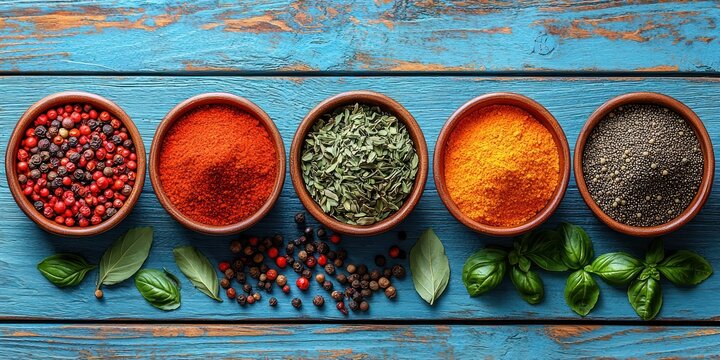 Assorted Spices and Herbs in Bowls on a Blue Wooden Background