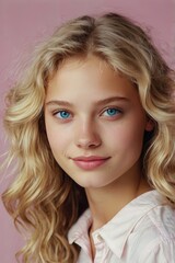 Portrait of woman with wavy blonde hair and blue eyes