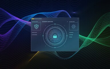 Futuristic digital interface with a padlock icon and a shield on a dark background with colorful wavy lines, representing cybersecurity and data protection.