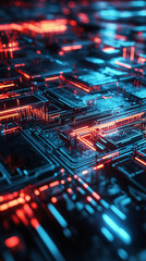 Obraz premium electronic circuit board with glowing blue orange lights futuristic backdrop technology background tech wallpaper gamer lights lines led glow