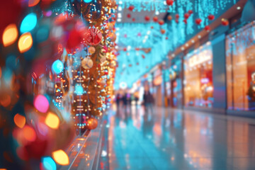 Fototapeta premium Corridor of shopping center with new year decorations. Blurred interior of shopping center with glass display cases. Christmas mood