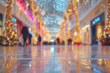 Obraz premium Blurred Christmas shopping center. Spacious mall building with glowing garlands. Christmas shopping mall interior with creative focus