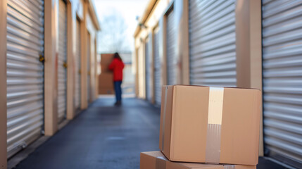Box among self storage units. Warehouse garages with closed gates. Street self storage units. Pantrys with selective focus