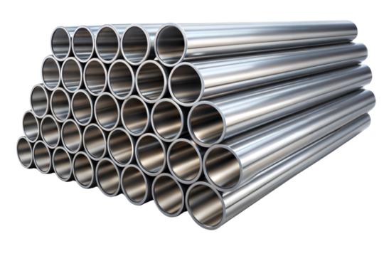 Stack of shiny metallic pipes arranged on a transparent or white isolated background. - Powered by Adobe