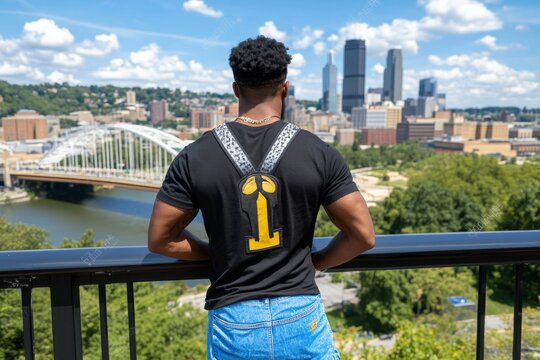A person leaning on a bridge railing, gazing at the city skyline with a peaceful expression of gratitude, capturing the quiet moments of appreciation for lifeâ€™s achievements