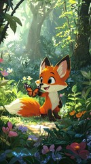 Fototapeta premium Cute Cartoon Fox Cub Playing with Butterfly in Nature