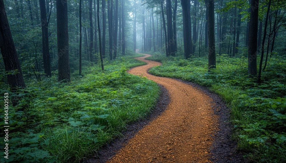 Poster winding path through a foggy forest