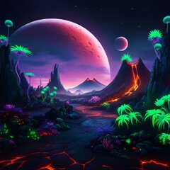 Fototapeta premium Otherworldly landscape with two moons and glowing plants