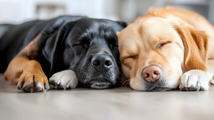 Obraz premium Two adorable dogs lying side by side on the floor their paws intertwined sharing a calm and comforting moment of pure relaxation and companionship