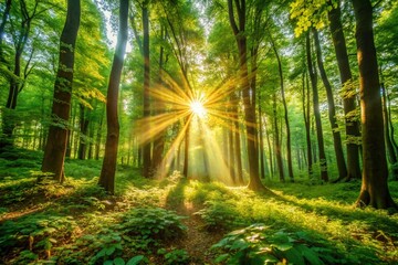 Fototapeta premium Sunlight Filtering Through a Lush Forest Canopy - Nature Photography