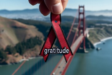 A person tying a ribbon with the word "gratitude" to a bridge, symbolizing the connection and meaning left behind as a reminder of appreciation