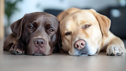 Obraz premium Two dogs resting side by side on the floor their heads close together sharing a sweet and peaceful connection as loyal companions