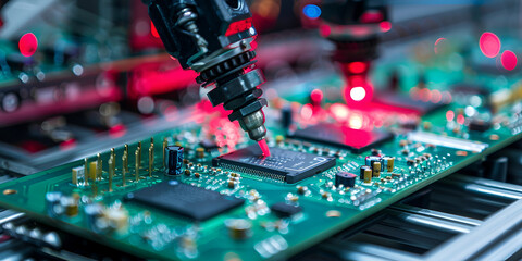 Obraz premium Automated circuit board assembly with precision robotics, High-tech electronics manufacturing with laser precision