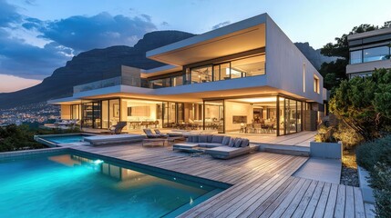 Fototapeta premium Modern Minimalist Villa with Scenic Mountain View