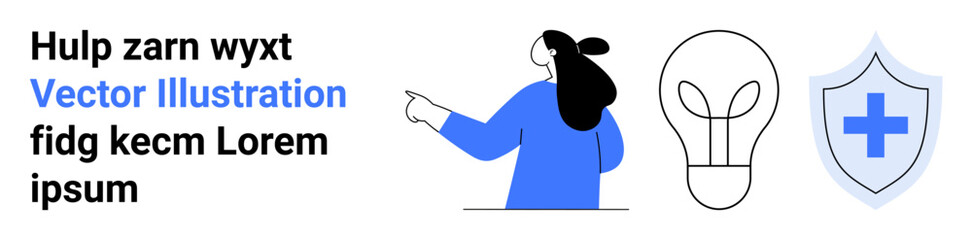 Woman pointing to the lightbulb and shield, symbols of protection and ideas. Ideal for creativity, security, education, innovation, and healthcare. Banner for landing page