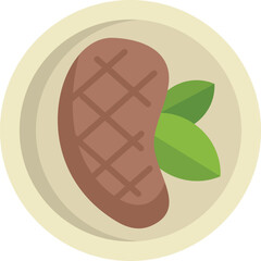 Simple vector illustration of a grilled steak lying on a plate, decorated with basil leaves