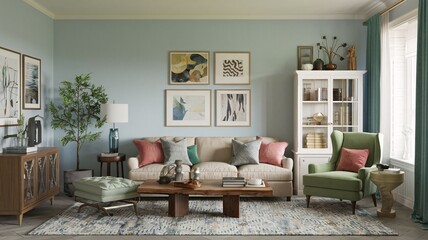 Fototapeta premium Modern living room interior with light blue walls, a couch, a green armchair, a coffee table, a plant, a white cabinet and several framed artworks.