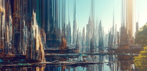 Fototapeta premium abstract psychedelic futuristic city skyline, digital cityscape with towering skyscrapers, vertical distortions, and reflections on water in a dystopian futurism concept
