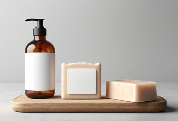 3d mockup of bath products with blank labels on soap bar and bottle