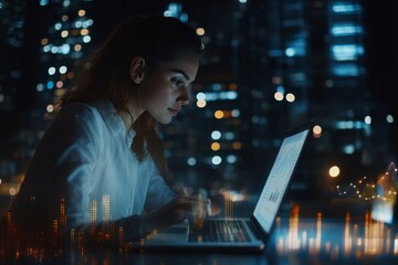 Young businesswoman analyzing sales trends and statistical data in a modern city office environment