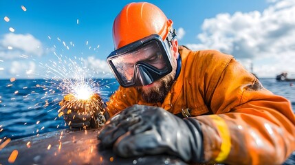 Obraz premium Skilled Underwater Welder Working on an Industrial Platform Sparks Glowing Brightly in the Dark Underwater Environment