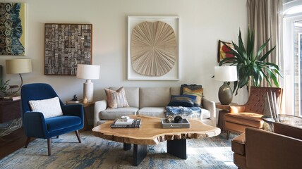 A living room with a blue velvet armchair, a beige sofa, a wood coffee table, and a large plant.