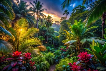 Vibrant Tropical Jungle Plants - Colorful Vegetation and Rich Atmosphere in Low Light Photography