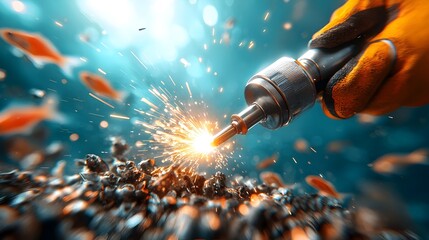 Underwater welder in action sparks from the torch lighting up the deep ocean surroundings as a school of fish swims by in the vibrant blue waters